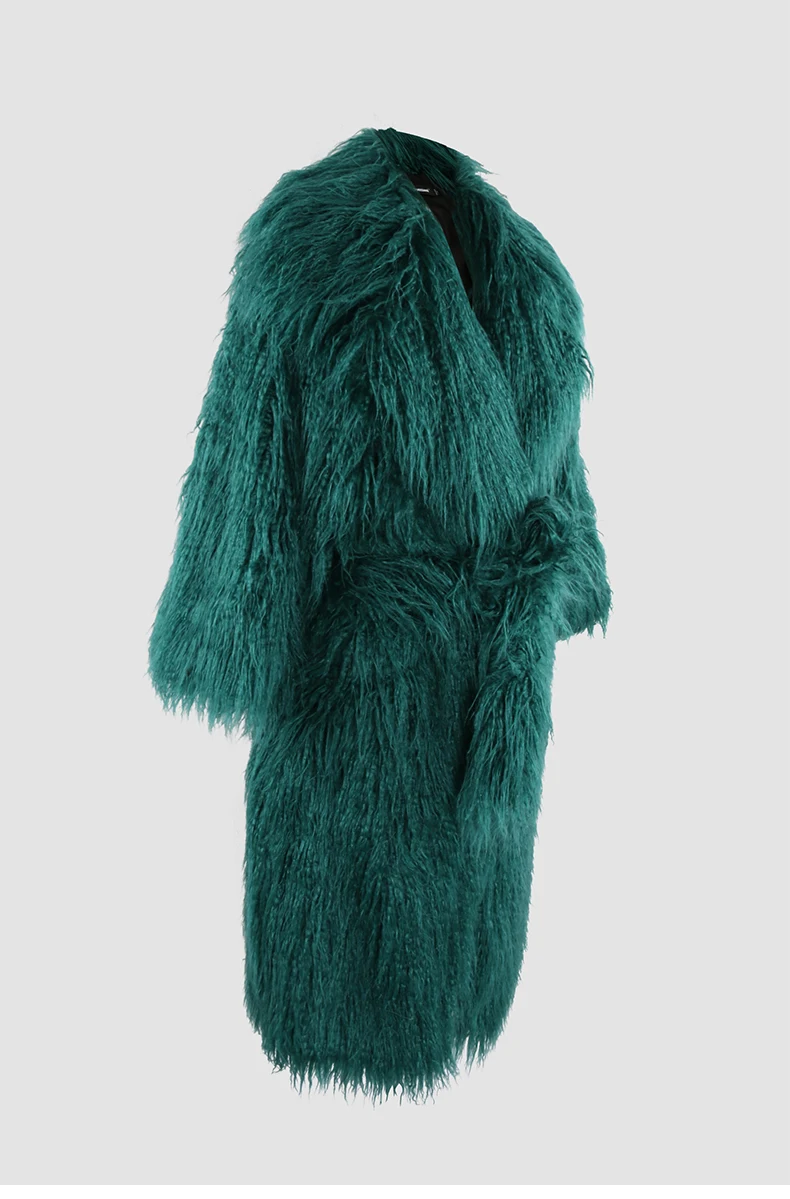 Nerazzurri Winter Long White Black Hairy Shaggy Fluffy Thick Warm Soft Stylish Faux Mongolia Lamb Fur Coat Women Belt Lapel 2023