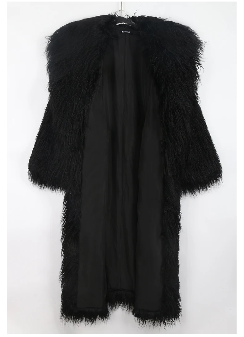 Nerazzurri Winter Long White Black Hairy Shaggy Fluffy Thick Warm Soft Stylish Faux Mongolia Lamb Fur Coat Women Belt Lapel 2023