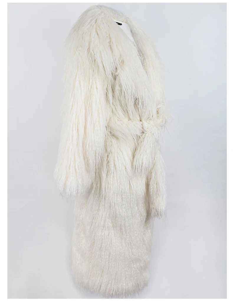 Nerazzurri Winter Long White Black Hairy Shaggy Fluffy Thick Warm Soft Stylish Faux Mongolia Lamb Fur Coat Women Belt Lapel 2023