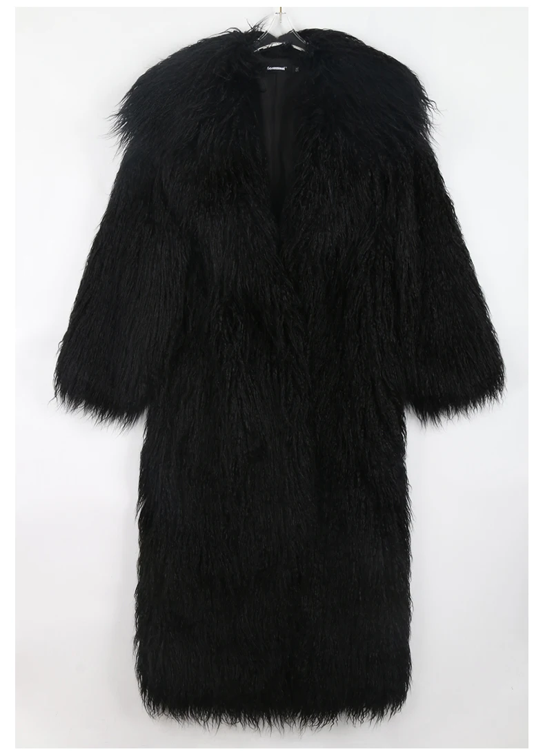 Nerazzurri Winter Long White Black Hairy Shaggy Fluffy Thick Warm Soft Stylish Faux Mongolia Lamb Fur Coat Women Belt Lapel 2023