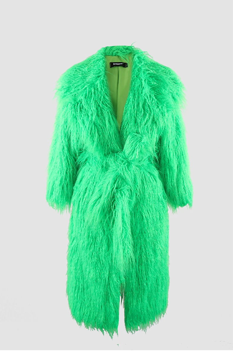 Nerazzurri Winter Long White Black Hairy Shaggy Fluffy Thick Warm Soft Stylish Faux Mongolia Lamb Fur Coat Women Belt Lapel 2023