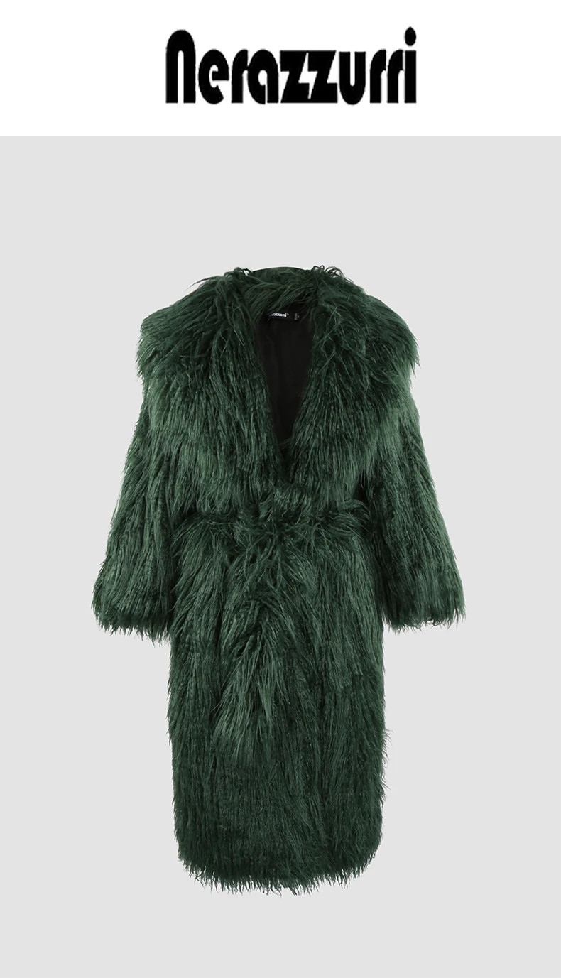 Nerazzurri Winter Long White Black Hairy Shaggy Fluffy Thick Warm Soft Stylish Faux Mongolia Lamb Fur Coat Women Belt Lapel 2023