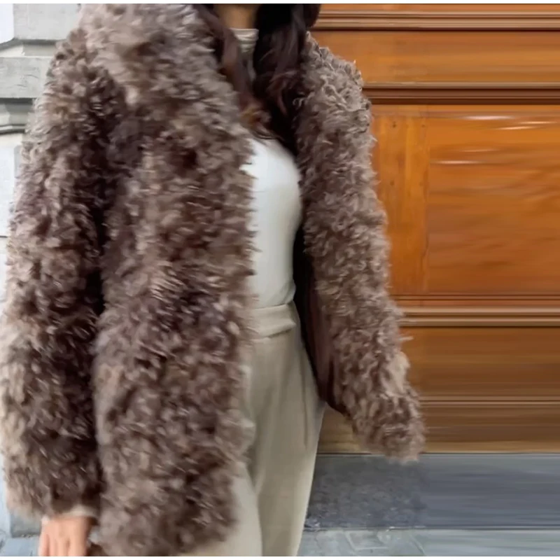 Fashion Faux Fur Coat Women Loose Lapel Full Sleeve Fluffy Short Overcoat 2025 Autumn Winter Street Lady Furry Warm Overcoat