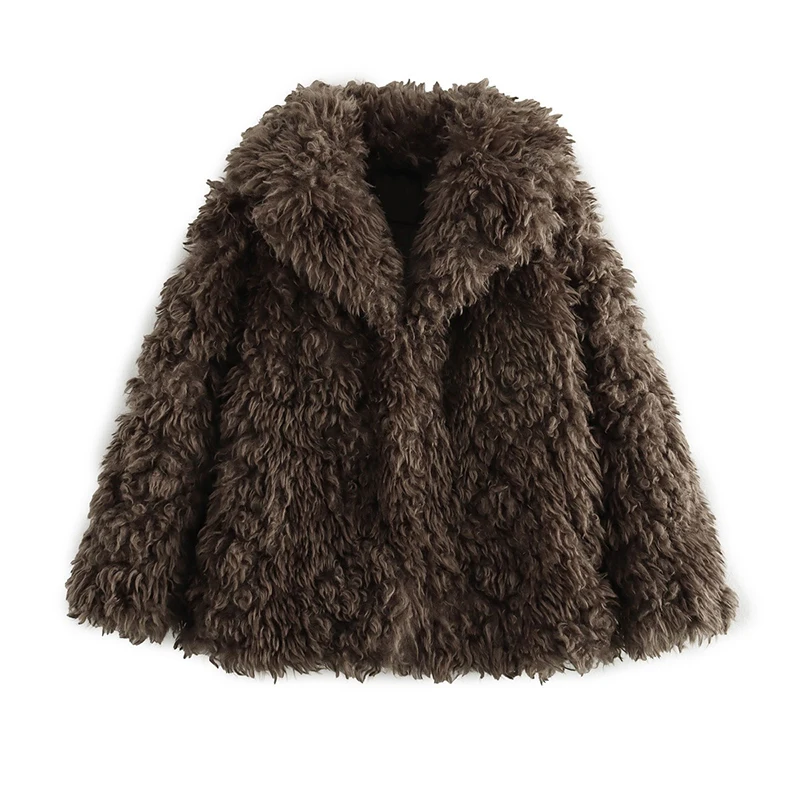 Fashion Faux Fur Coat Women Loose Lapel Full Sleeve Fluffy Short Overcoat 2025 Autumn Winter Street Lady Furry Warm Overcoat