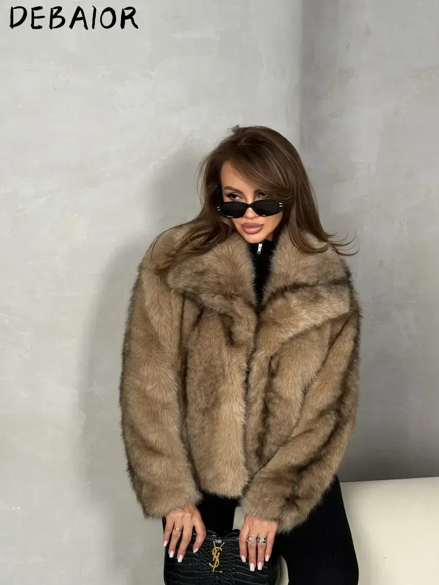 DEBAIOR Cropped Vegan Fur Short Jacket Female New Autumn Winter Warm Outerwear Women's Oversized Big Lapel Faux Fox Fur Coat