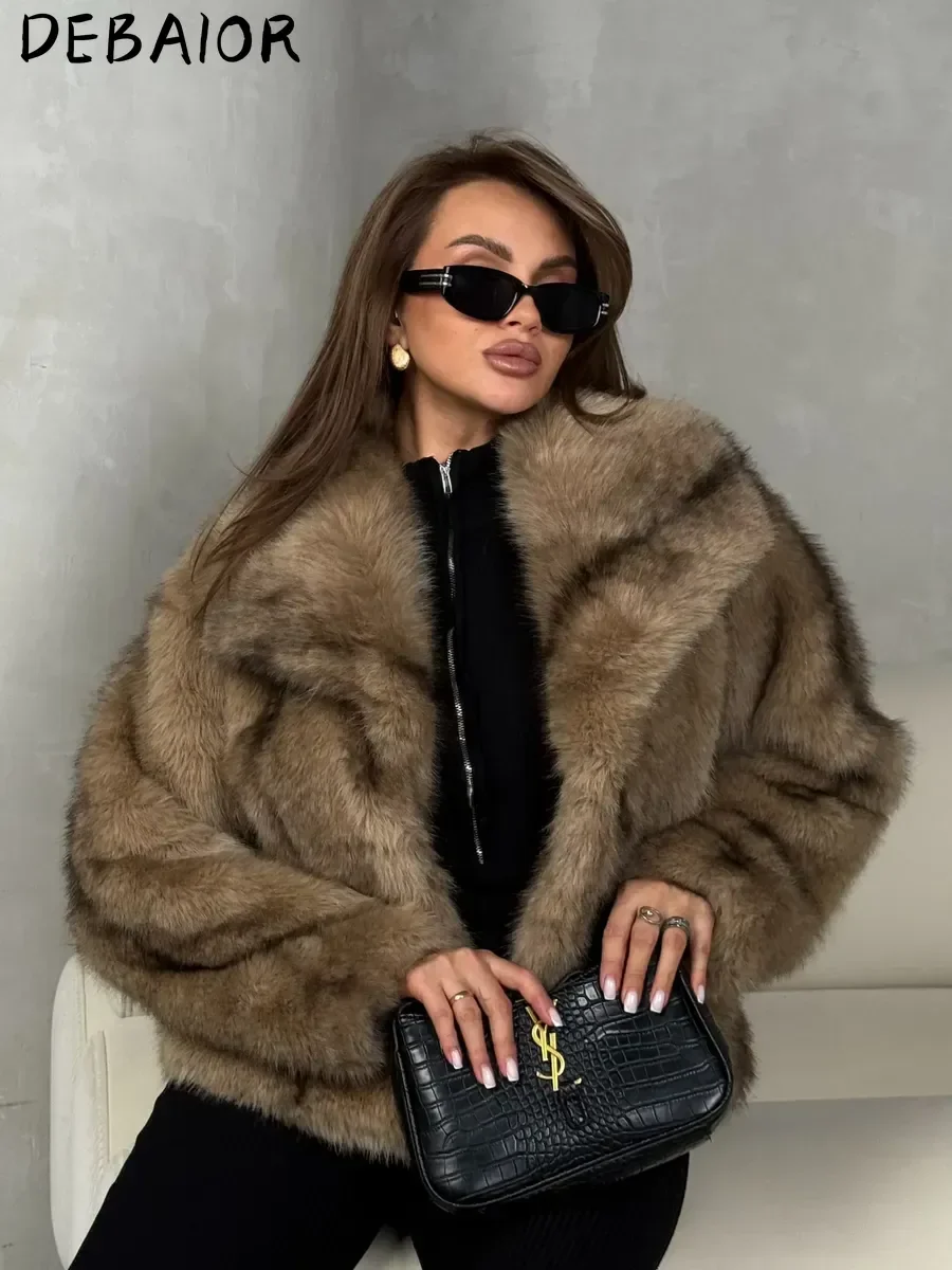 DEBAIOR Cropped Vegan Fur Short Jacket Female New Autumn Winter Warm Outerwear Women's Oversized Big Lapel Faux Fox Fur Coat