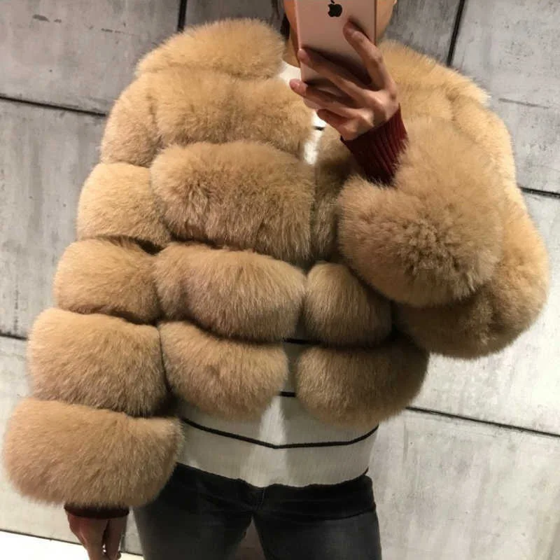 Fashion Short Faux Fox Fur Jacket for Women Winter Multi Color Thick Warm Long Sleeve Outerwear Woman Elegant Cozy Plush Jacket
