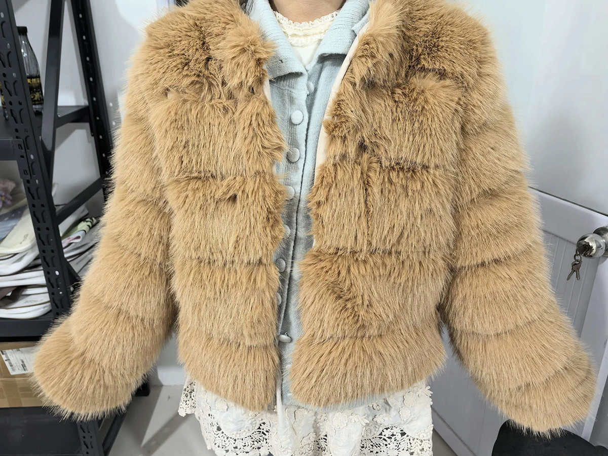 Fashion Short Faux Fox Fur Jacket for Women Winter Multi Color Thick Warm Long Sleeve Outerwear Woman Elegant Cozy Plush Jacket