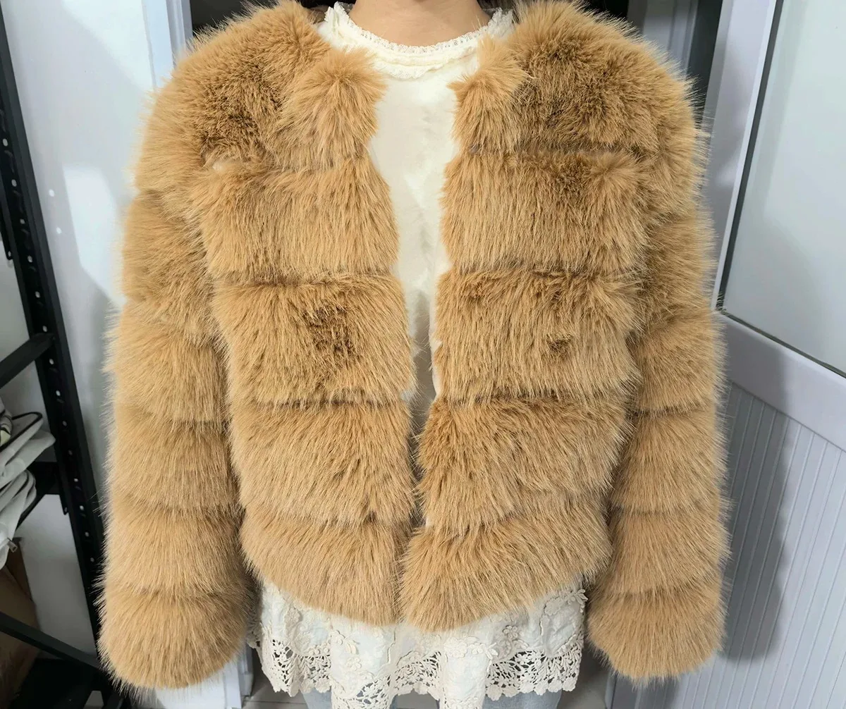 Fashion Short Faux Fox Fur Jacket for Women Winter Multi Color Thick Warm Long Sleeve Outerwear Woman Elegant Cozy Plush Jacket