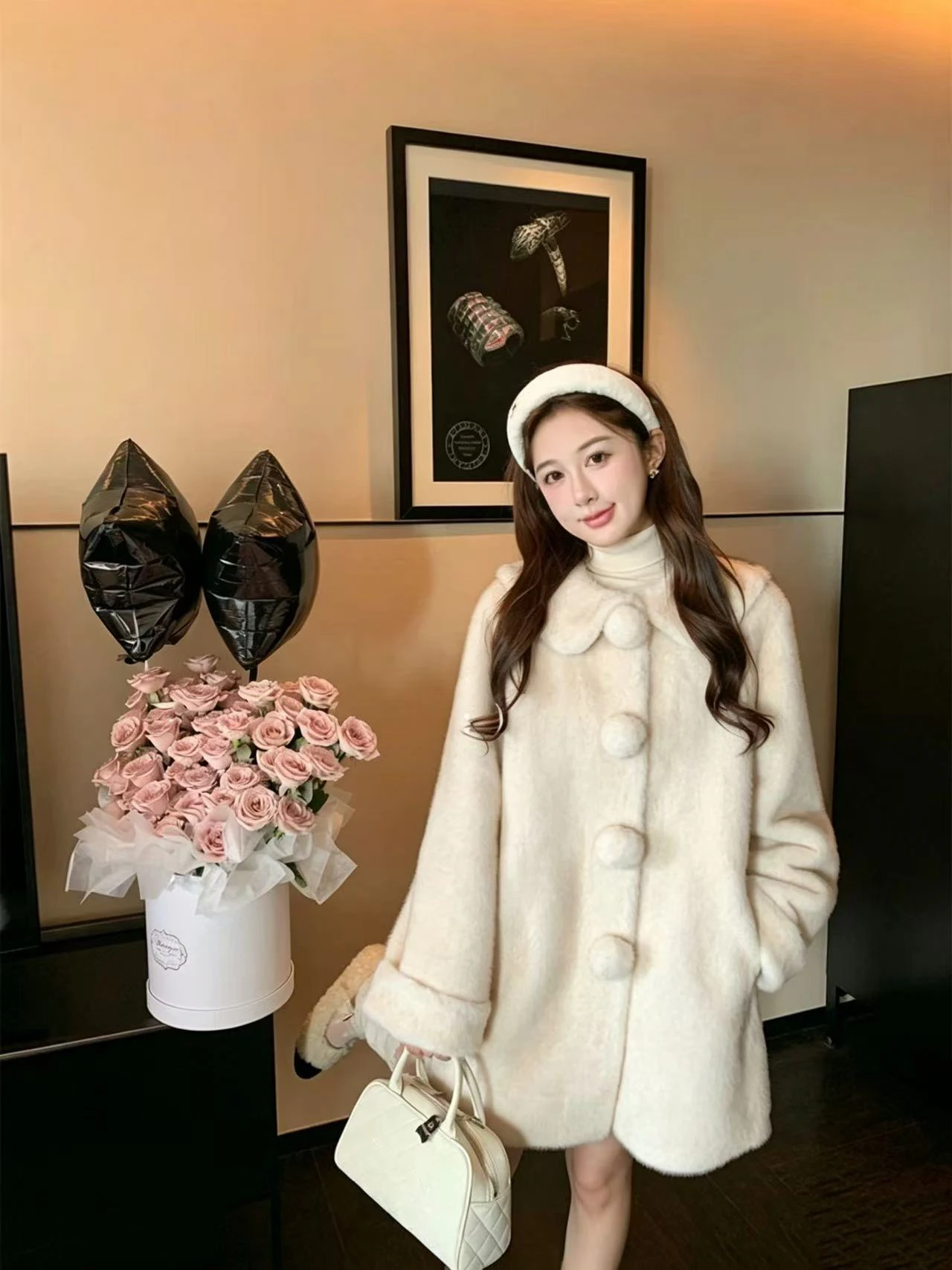 Sweet Doll Collar Faux Mink Coat for Women Winter Loose Thick Pom Pom Button Outerwear Female Warmth Mid Length Plush Jacket