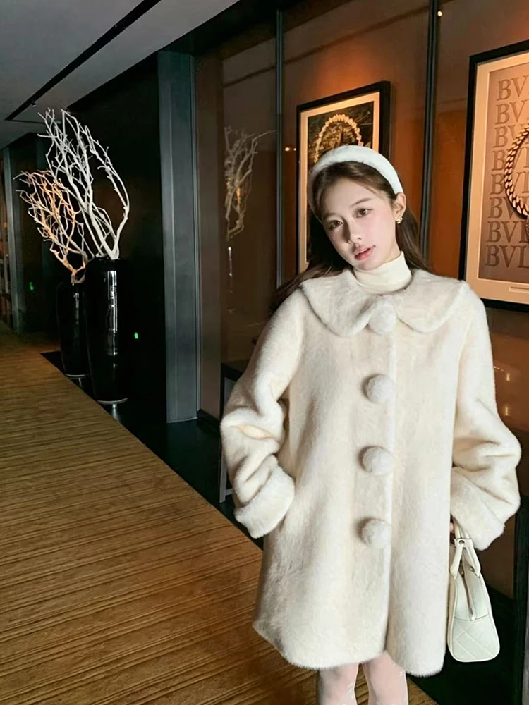 Sweet Doll Collar Faux Mink Coat for Women Winter Loose Thick Pom Pom Button Outerwear Female Warmth Mid Length Plush Jacket