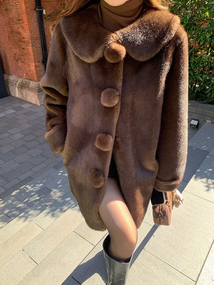 Sweet Doll Collar Faux Mink Coat for Women Winter Loose Thick Pom Pom Button Outerwear Female Warmth Mid Length Plush Jacket