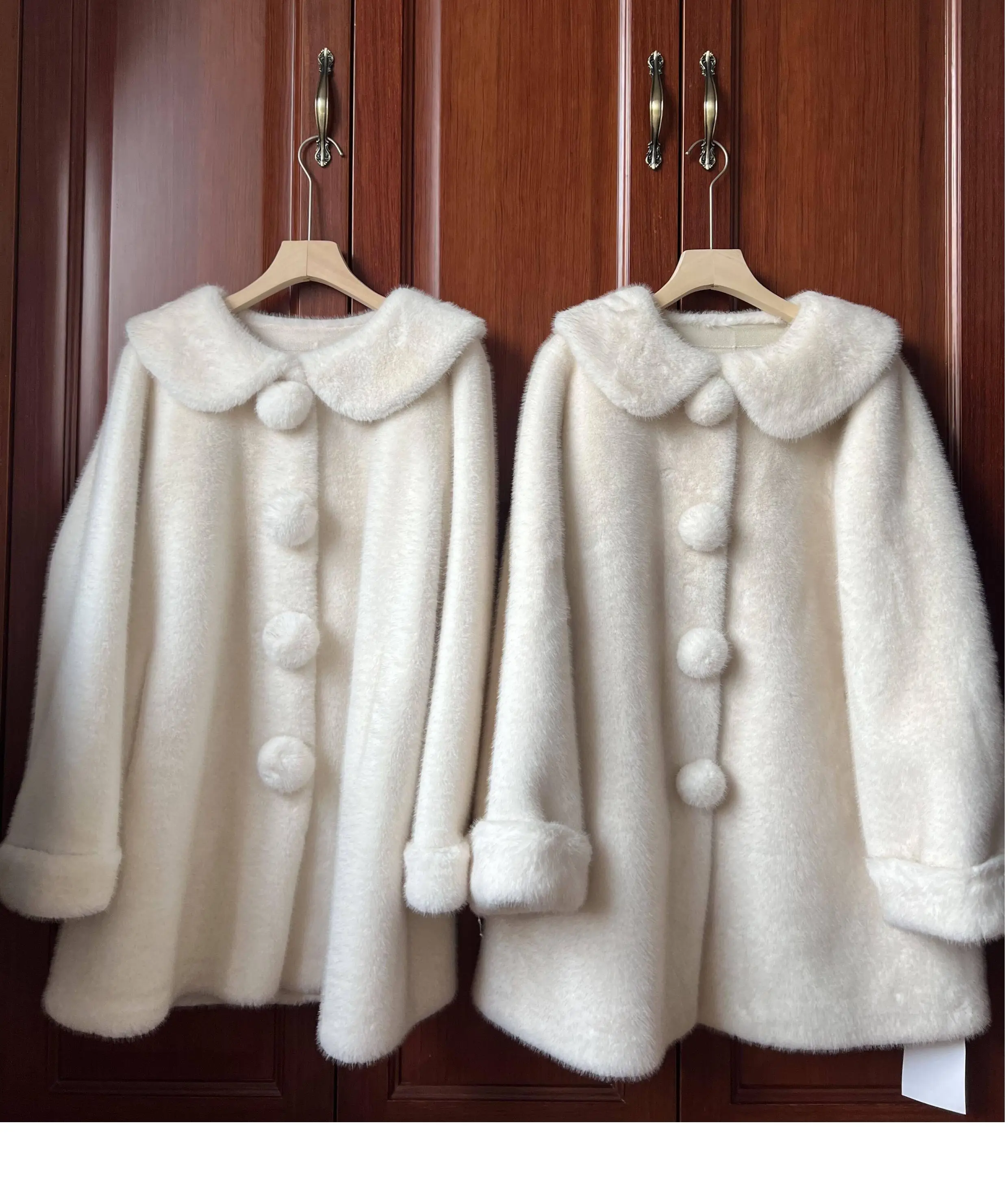 Sweet Doll Collar Faux Mink Coat for Women Winter Loose Thick Pom Pom Button Outerwear Female Warmth Mid Length Plush Jacket