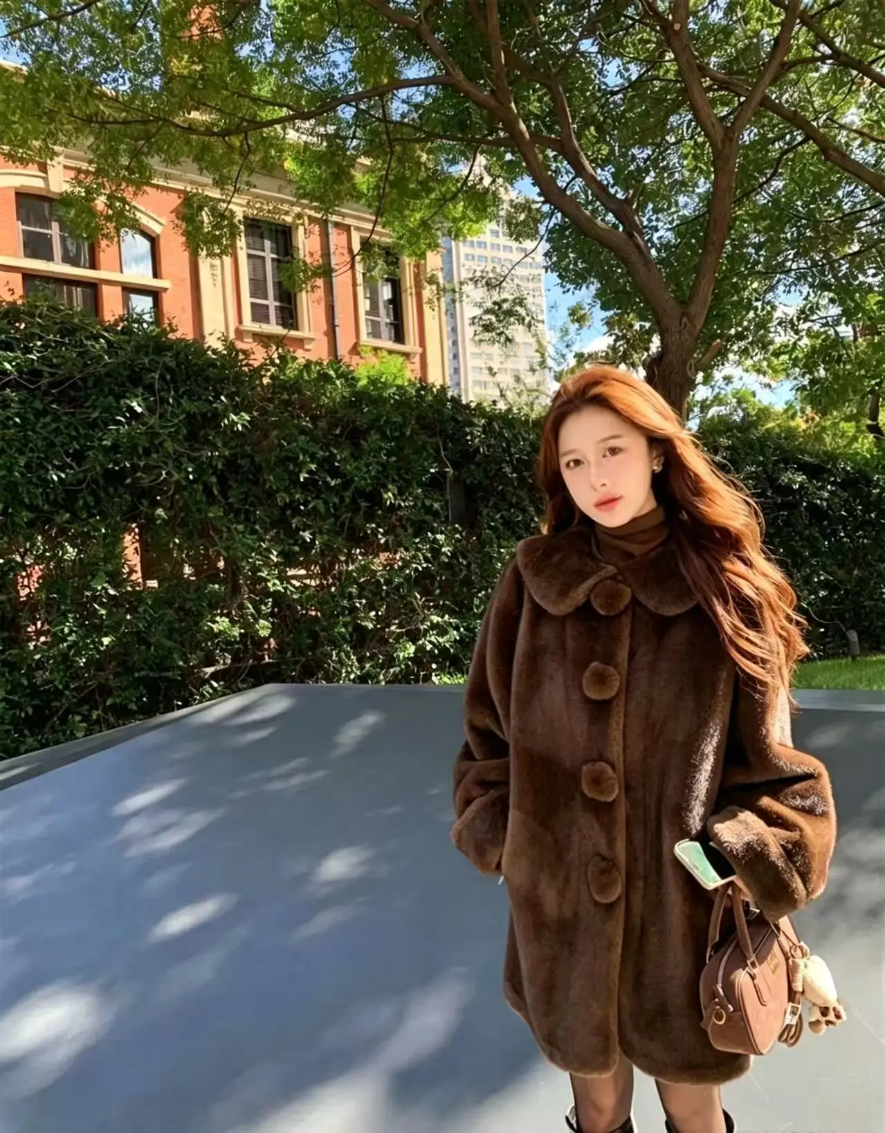 Sweet Doll Collar Faux Mink Coat for Women Winter Loose Thick Pom Pom Button Outerwear Female Warmth Mid Length Plush Jacket