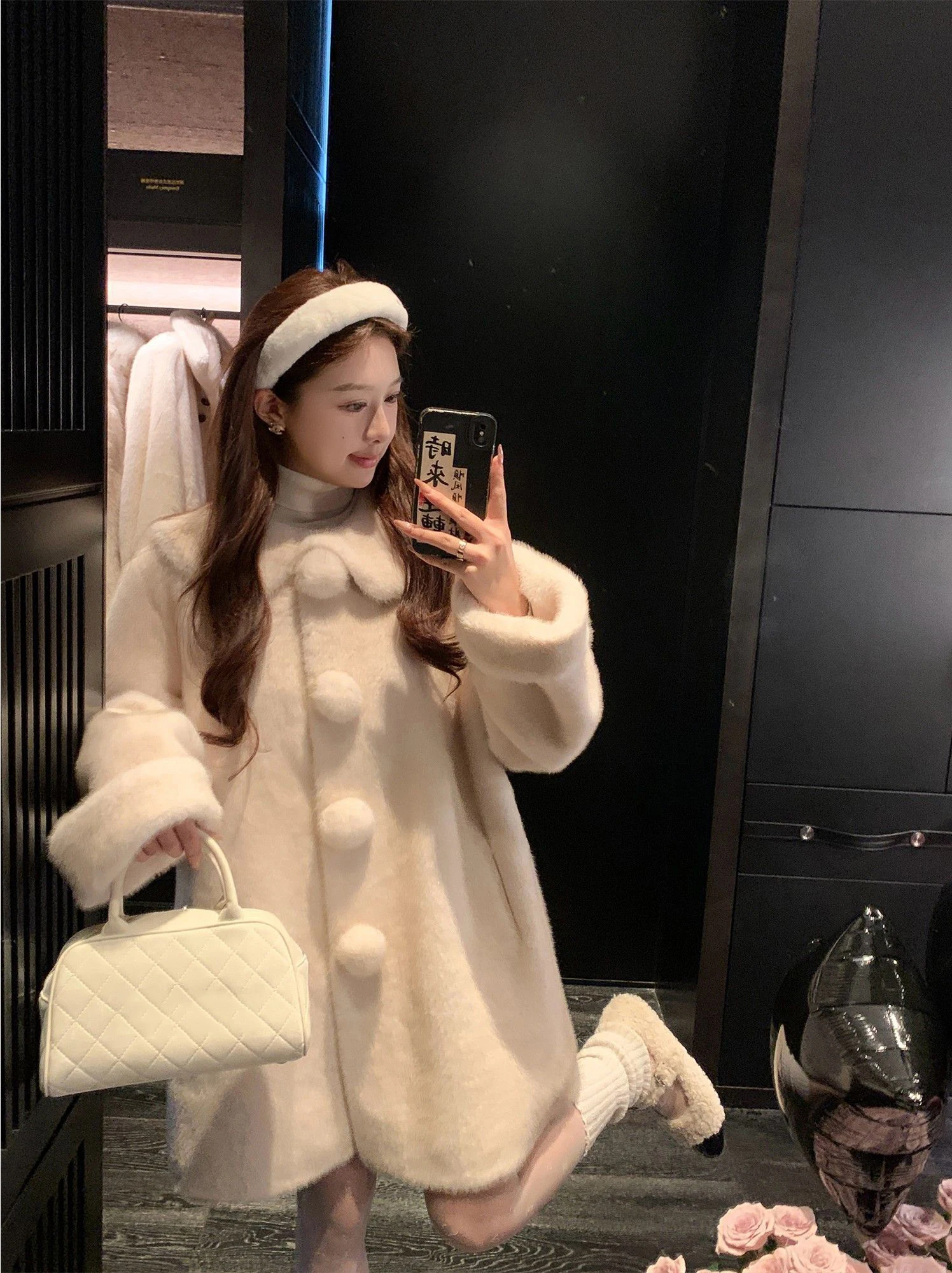 Sweet Doll Collar Faux Mink Coat for Women Winter Loose Thick Pom Pom Button Outerwear Female Warmth Mid Length Plush Jacket