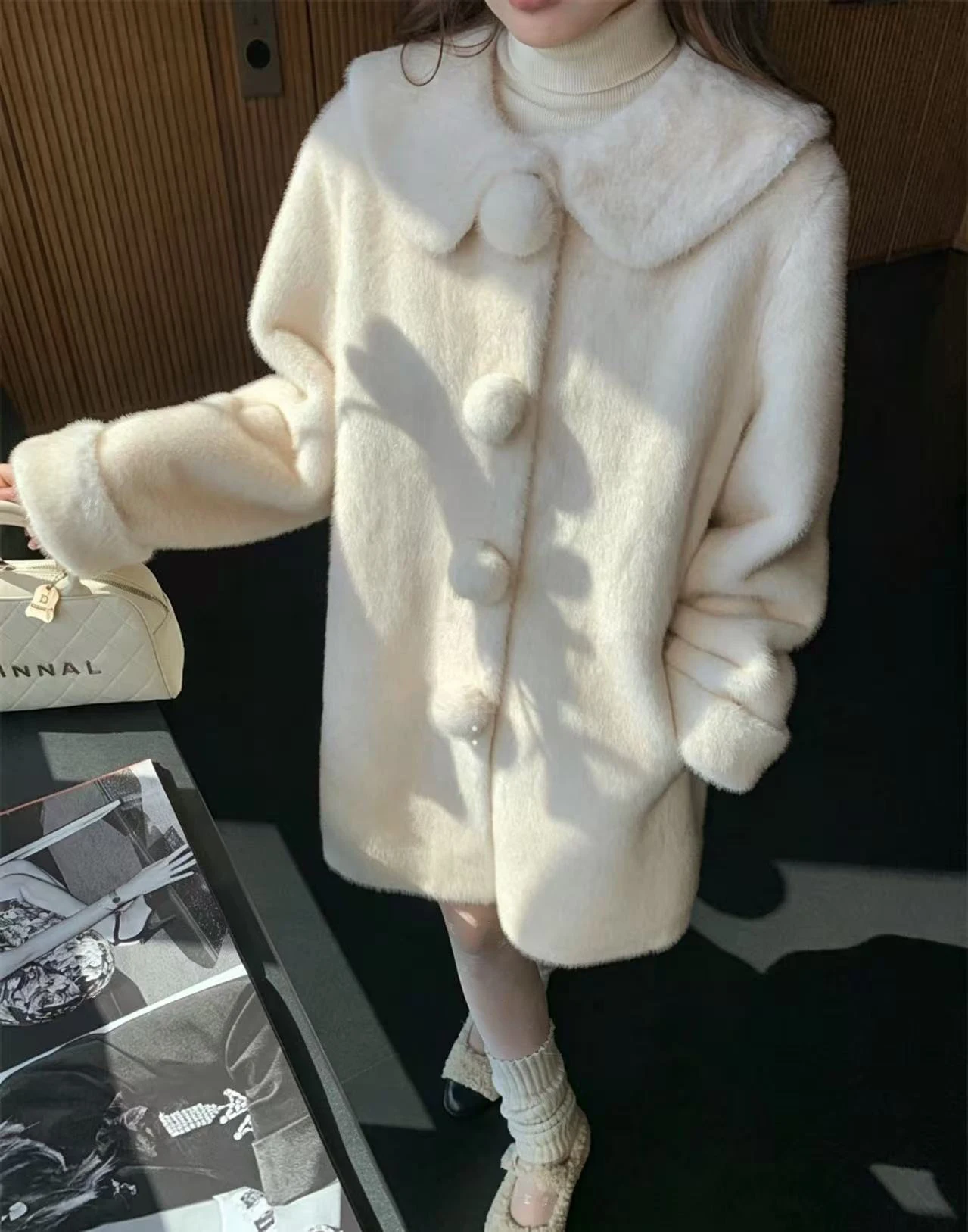 Sweet Doll Collar Faux Mink Coat for Women Winter Loose Thick Pom Pom Button Outerwear Female Warmth Mid Length Plush Jacket