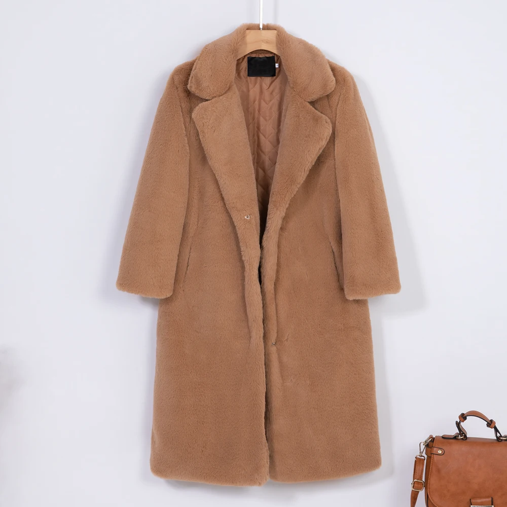 2026 New Women Winter Warm Faux Fur Coat Thick Women Long Coat Turn Down Collar Women Warm Coat With Belt Casaco Feminino