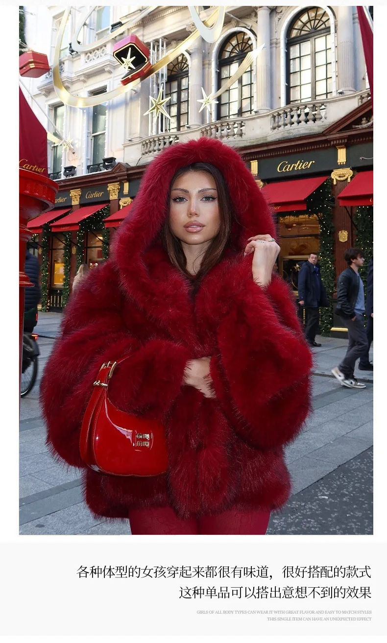 DEAT Fashion Wine Red Faux Fur Coat Women's Hooded Loose Long Sleeves Plush Thick Jacket Winter New 7A1042