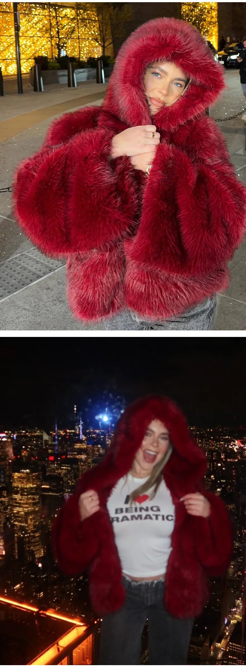 DEAT Fashion Wine Red Faux Fur Coat Women's Hooded Loose Long Sleeves Plush Thick Jacket Winter New 7A1042