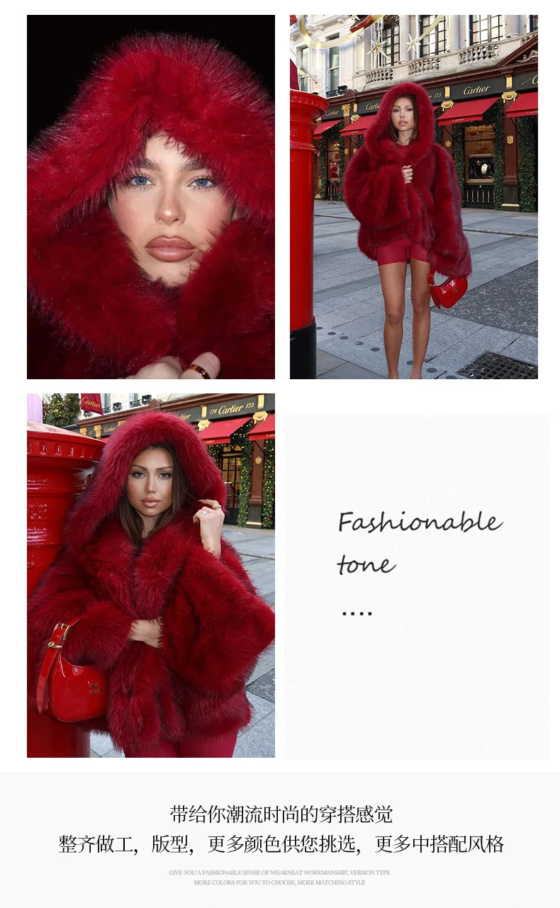 DEAT Fashion Wine Red Faux Fur Coat Women's Hooded Loose Long Sleeves Plush Thick Jacket Winter New 7A1042