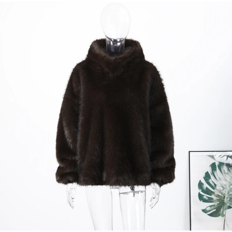High Street Brown Faux Fur Hooded Pullover Women Full Sleeve Warm Thick Loose Tops 2026 Winter Lady Luxurious Furry Outwear