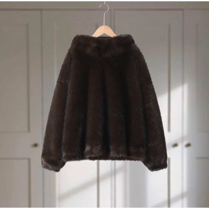 High Street Brown Faux Fur Hooded Pullover Women Full Sleeve Warm Thick Loose Tops 2026 Winter Lady Luxurious Furry Outwear