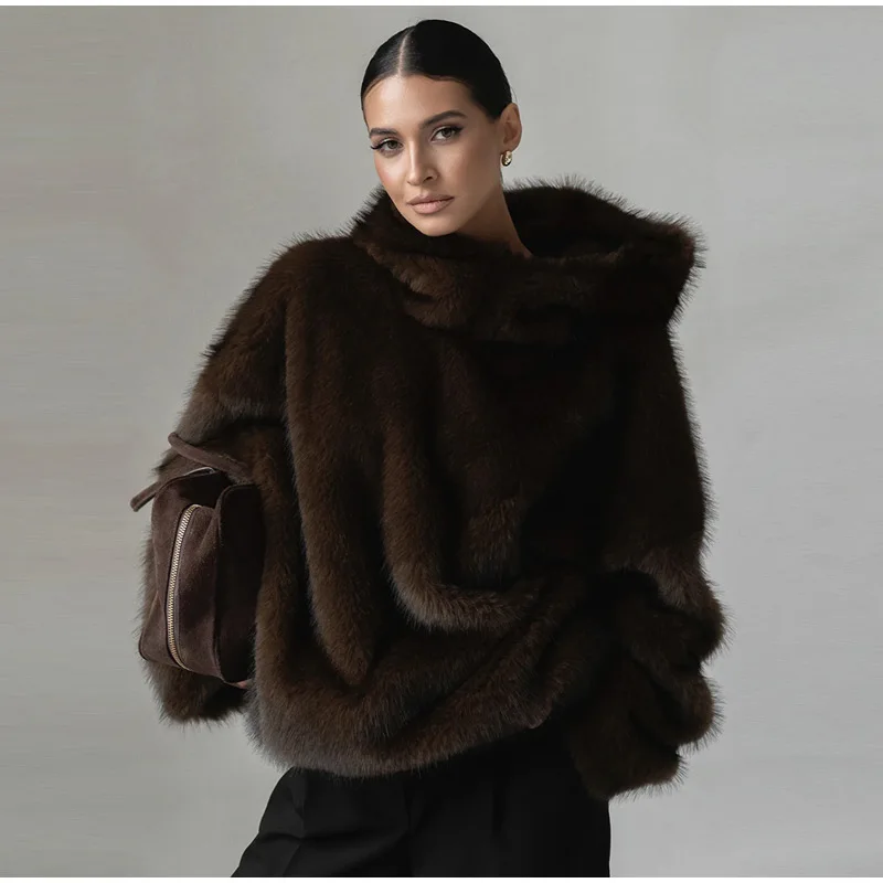 High Street Brown Faux Fur Hooded Pullover Women Full Sleeve Warm Thick Loose Tops 2026 Winter Lady Luxurious Furry Outwear
