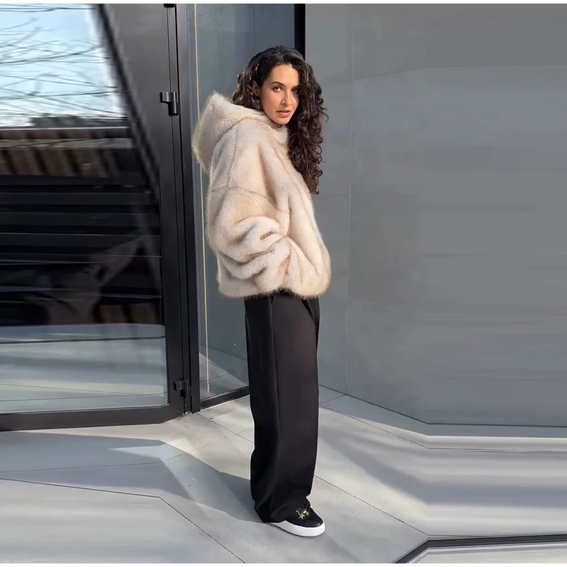 High Street Brown Faux Fur Hooded Pullover Women Full Sleeve Warm Thick Loose Tops 2026 Winter Lady Luxurious Furry Outwear