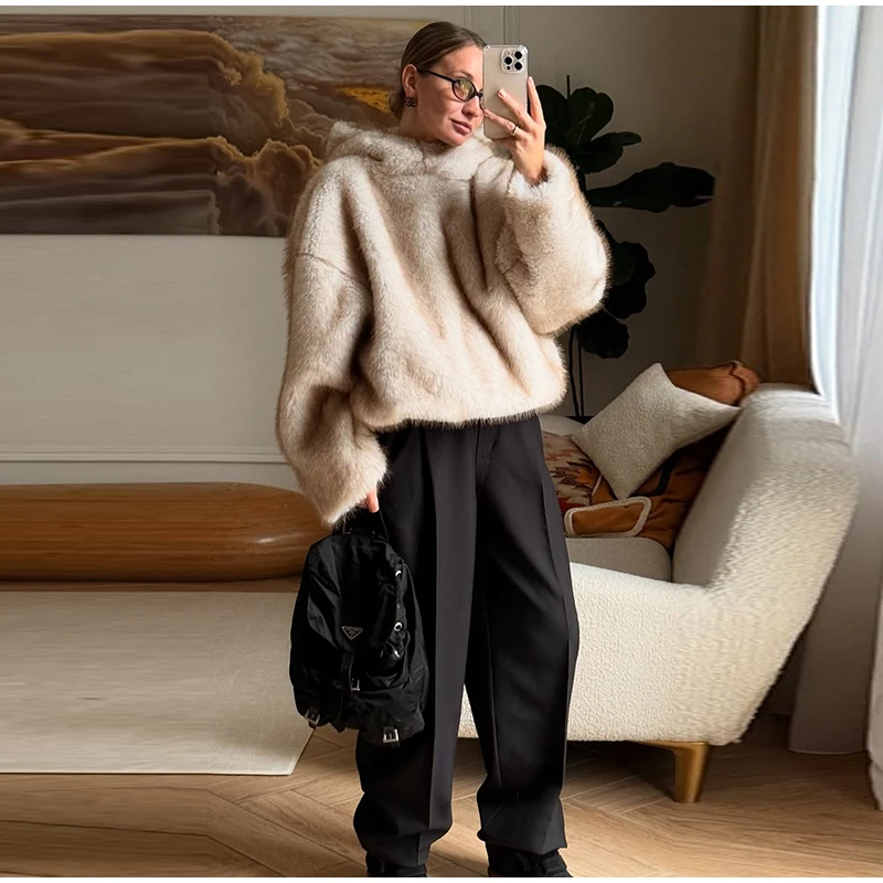 High Street Brown Faux Fur Hooded Pullover Women Full Sleeve Warm Thick Loose Tops 2026 Winter Lady Luxurious Furry Outwear