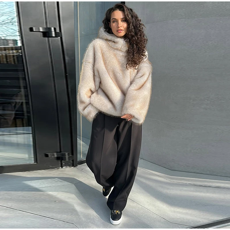 High Street Brown Faux Fur Hooded Pullover Women Full Sleeve Warm Thick Loose Tops 2026 Winter Lady Luxurious Furry Outwear