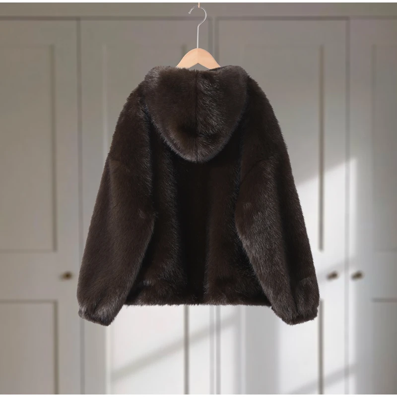 High Street Brown Faux Fur Hooded Pullover Women Full Sleeve Warm Thick Loose Tops 2026 Winter Lady Luxurious Furry Outwear