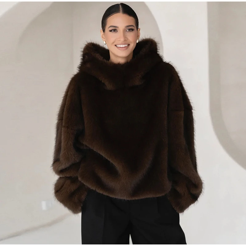High Street Brown Faux Fur Hooded Pullover Women Full Sleeve Warm Thick Loose Tops 2026 Winter Lady Luxurious Furry Outwear