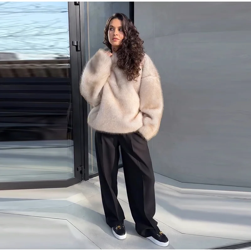 High Street Brown Faux Fur Hooded Pullover Women Full Sleeve Warm Thick Loose Tops 2026 Winter Lady Luxurious Furry Outwear