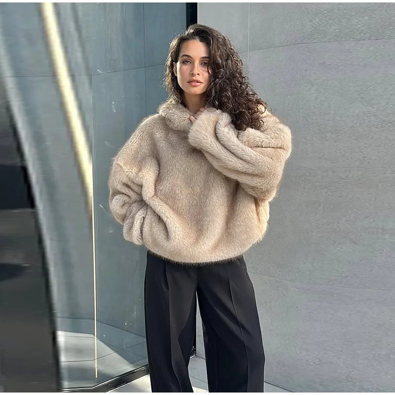 High Street Brown Faux Fur Hooded Pullover Women Full Sleeve Warm Thick Loose Tops 2026 Winter Lady Luxurious Furry Outwear