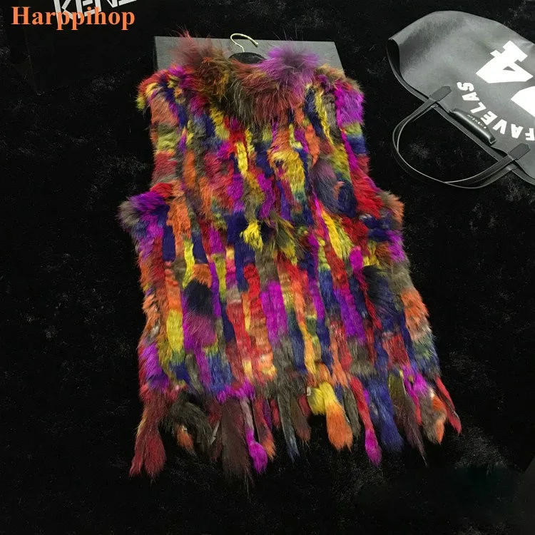 Fashion Womens Real Knitted Rabbit Fur Vests with Raccoon Fur Collar Gilets High Quality Close-woven Waistcoat Plus Size