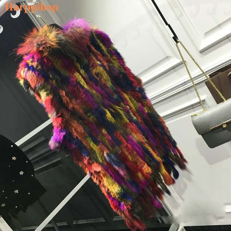 Fashion Womens Real Knitted Rabbit Fur Vests with Raccoon Fur Collar Gilets High Quality Close-woven Waistcoat Plus Size