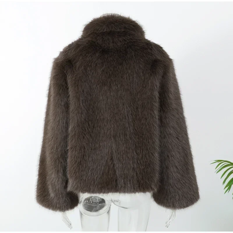Women's Faux Fur Short Jacket Elegant Fashion Stand Collar Single Breasted Loose Coats 2025 Lady New Daily High Street Jackets