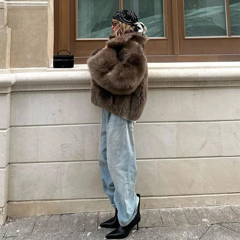 Women's Faux Fur Short Jacket Elegant Fashion Stand Collar Single Breasted Loose Coats 2025 Lady New Daily High Street Jackets