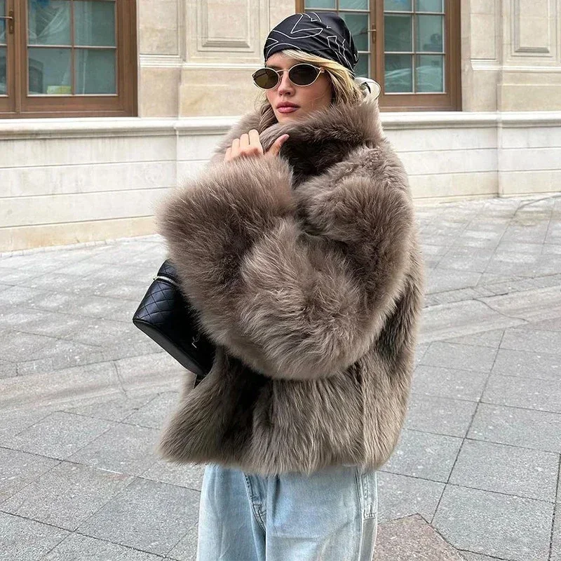 Women's Faux Fur Short Jacket Elegant Fashion Stand Collar Single Breasted Loose Coats 2025 Lady New Daily High Street Jackets