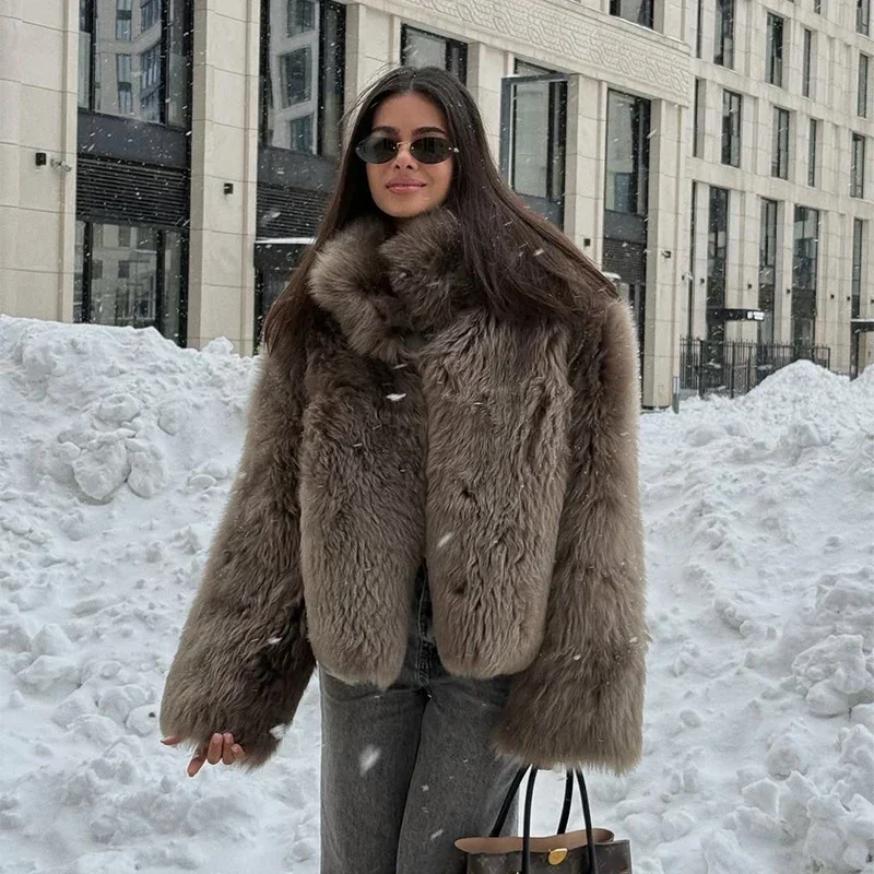 Women's Faux Fur Short Jacket Elegant Fashion Stand Collar Single Breasted Loose Coats 2025 Lady New Daily High Street Jackets
