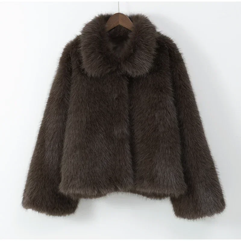 Women's Faux Fur Short Jacket Elegant Fashion Stand Collar Single Breasted Loose Coats 2025 Lady New Daily High Street Jackets