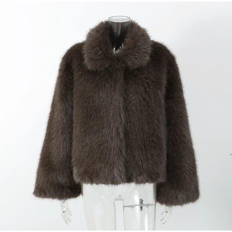 Women's Faux Fur Short Jacket Elegant Fashion Stand Collar Single Breasted Loose Coats 2025 Lady New Daily High Street Jackets