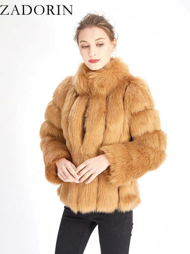 ZADORIN Fashion Winter Jacket Women Faux Fur Coat Luxury Thick Warm Stand Collar Striped Fur Jackets for Women Faux Fur Coats
