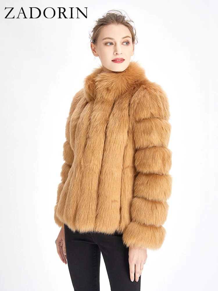ZADORIN Fashion Winter Jacket Women Faux Fur Coat Luxury Thick Warm Stand Collar Striped Fur Jackets for Women Faux Fur Coats
