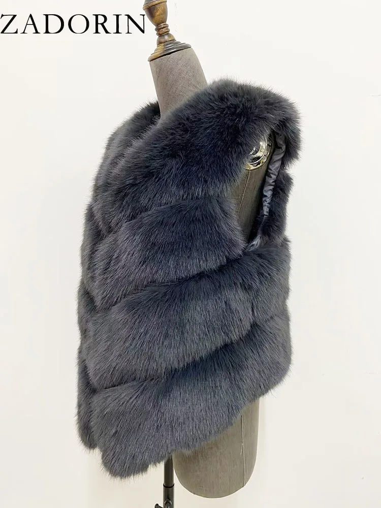 ZADORIN New Luxury Faux Fox Fur Vest Women Furry Short Faux Fur Vests Fur Gilet Fourrure Autumn Winter Faux Fur Coats Overcoat