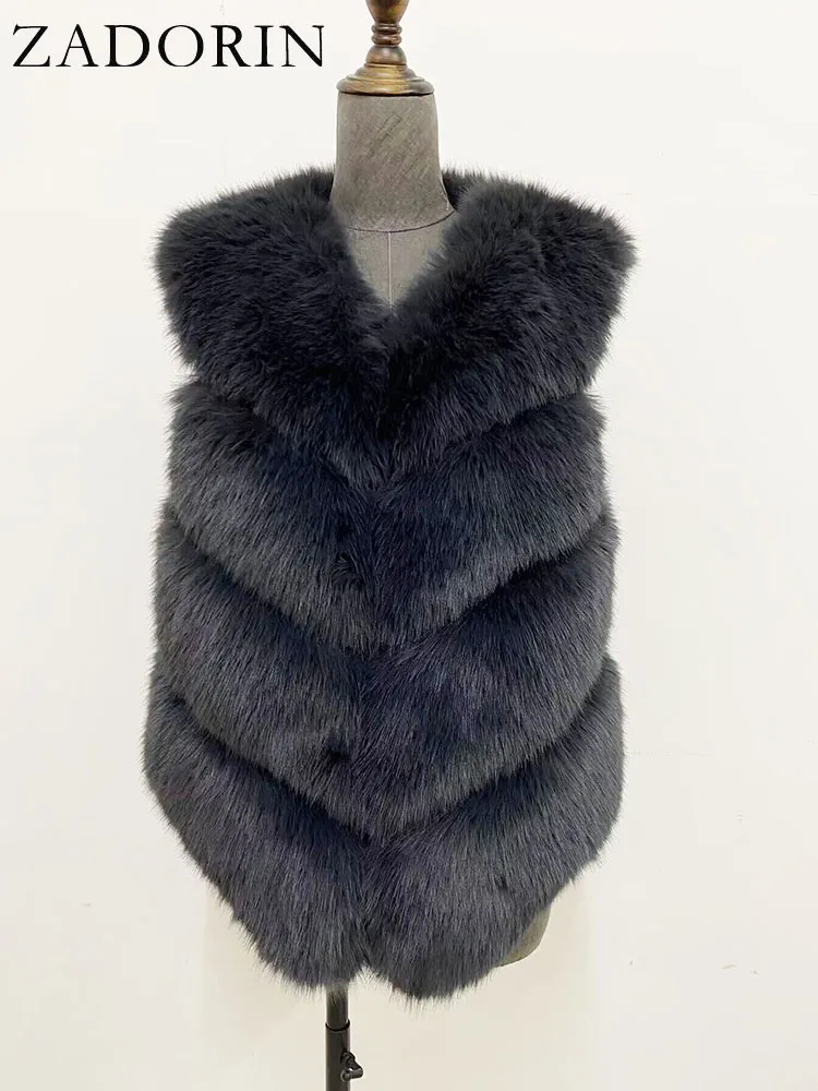 ZADORIN New Luxury Faux Fox Fur Vest Women Furry Short Faux Fur Vests Fur Gilet Fourrure Autumn Winter Faux Fur Coats Overcoat