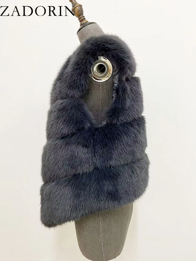ZADORIN New Luxury Faux Fox Fur Vest Women Furry Short Faux Fur Vests Fur Gilet Fourrure Autumn Winter Faux Fur Coats Overcoat