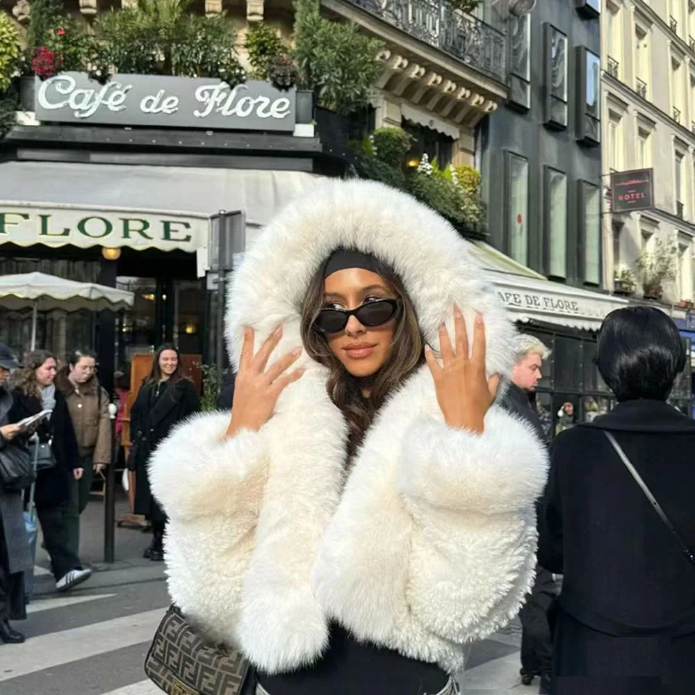 ZADORIN High Quality Faux Fur Coats Hooded Cropped White Black Faux Fur Coat Woman Clothing Fluffy Fur Jacket Winter Outerwears