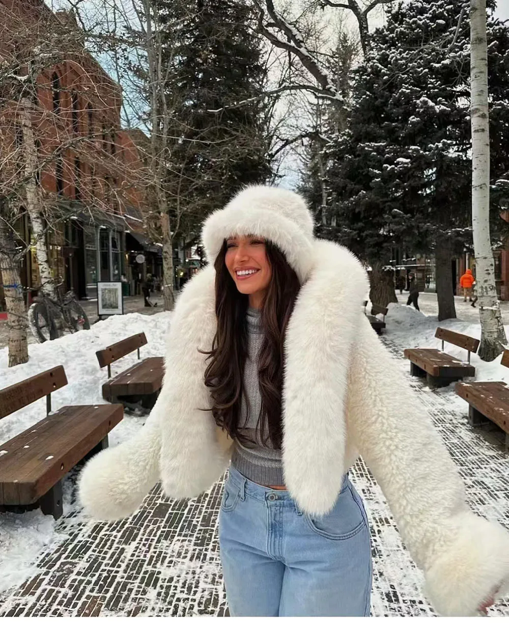 ZADORIN High Quality Faux Fur Coats Hooded Cropped White Black Faux Fur Coat Woman Clothing Fluffy Fur Jacket Winter Outerwears