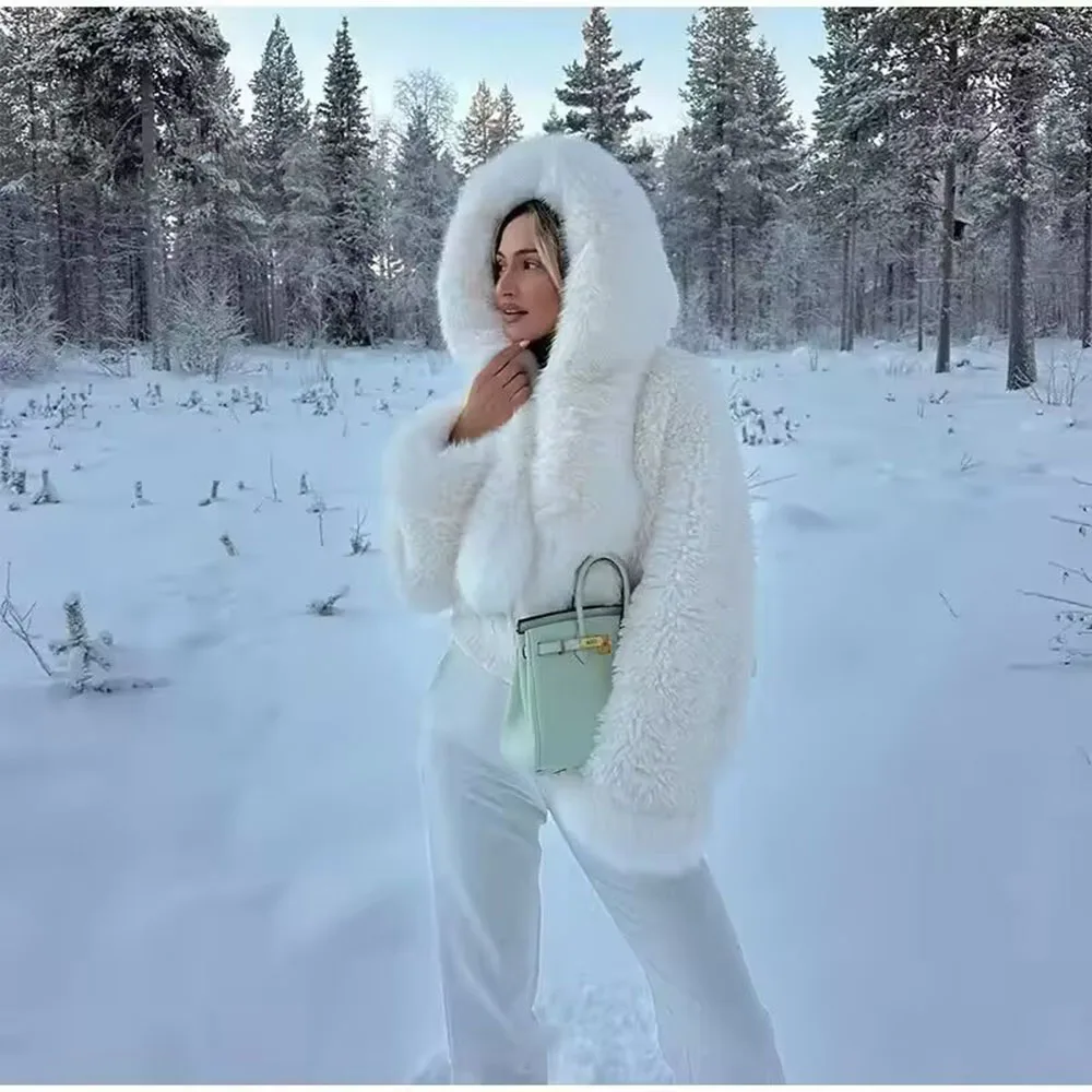 ZADORIN High Quality Faux Fur Coats Hooded Cropped White Black Faux Fur Coat Woman Clothing Fluffy Fur Jacket Winter Outerwears